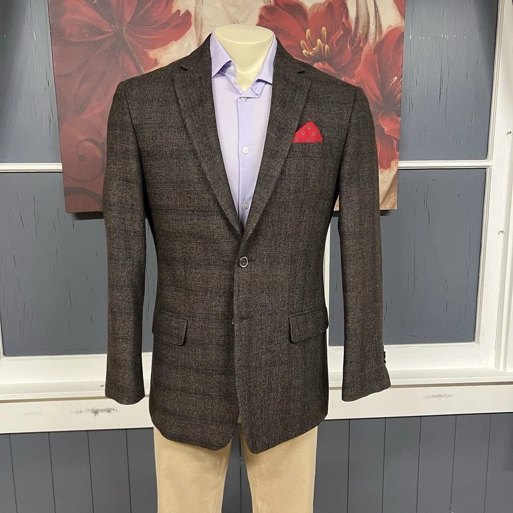 Jos A Bank Soft Knit Blazer Mens 40R Tailored Fit Wool Blend Stretch Brown/Navy